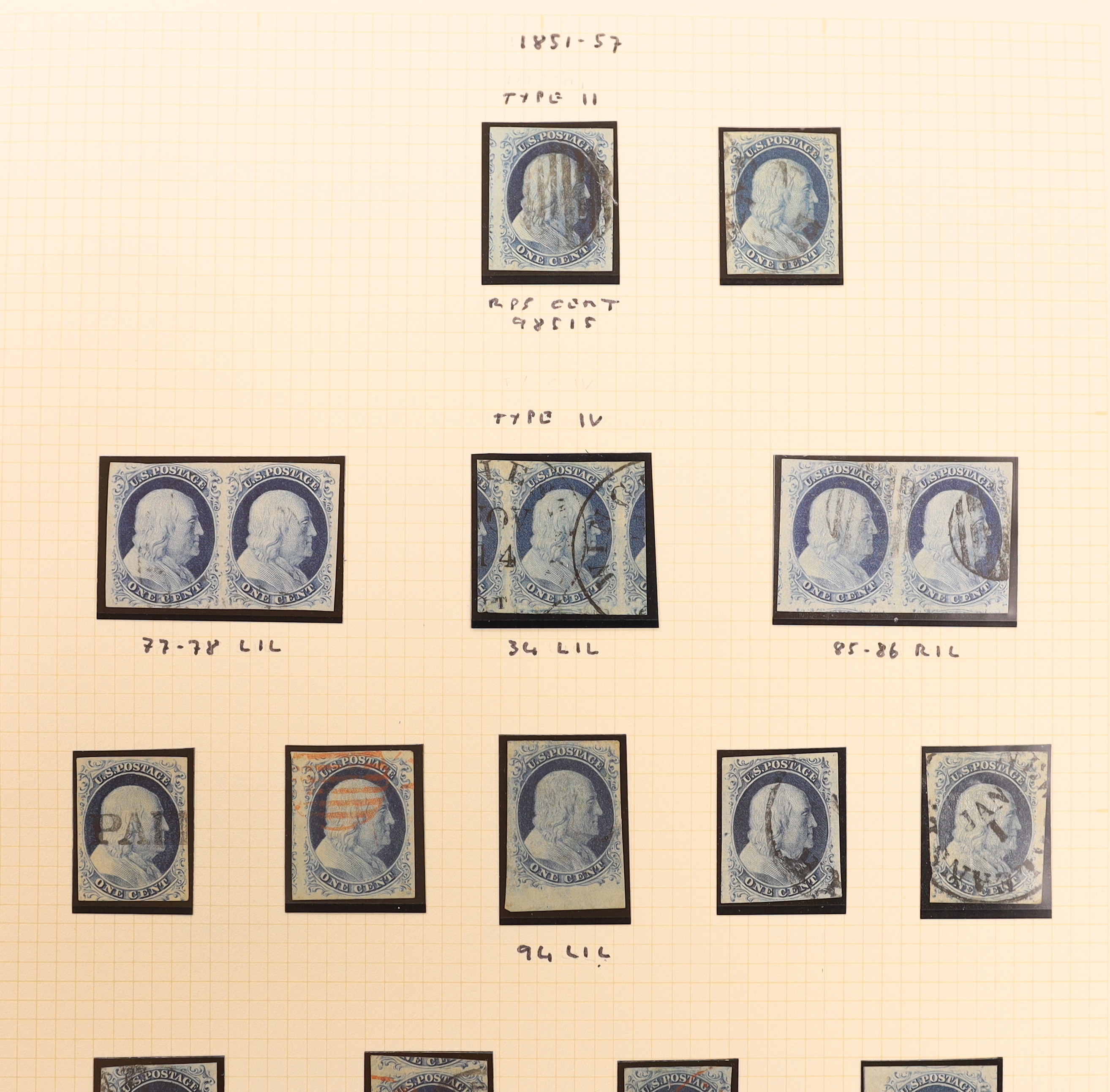 A collection of early United States of America stamps in a Philatelic album including 1845 New York Provisional 5c., 1847-50 5c. (4, one on cover, one single with blue “10” cancel and with RPS Certificate 1956) and 10c.